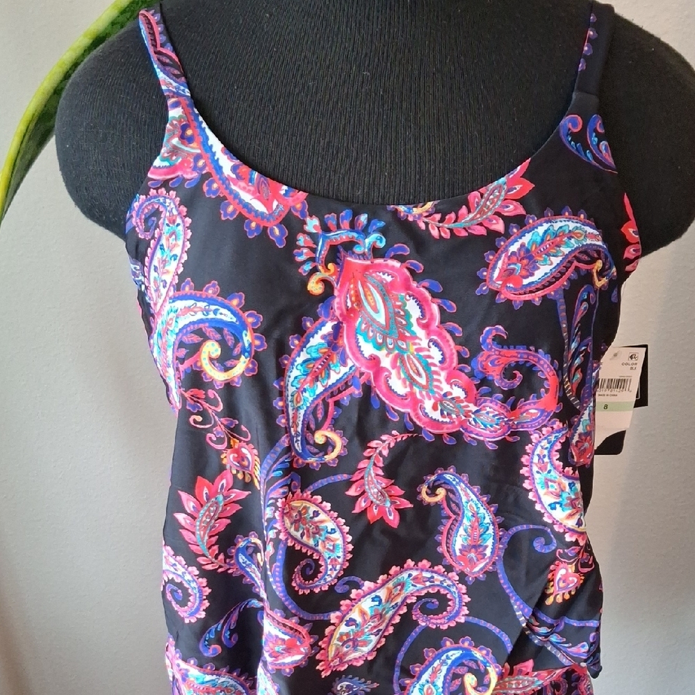 Island Escape Pink and Blue Sleeveless Fitted Swim Top Size 8 - Picture 2 of 13